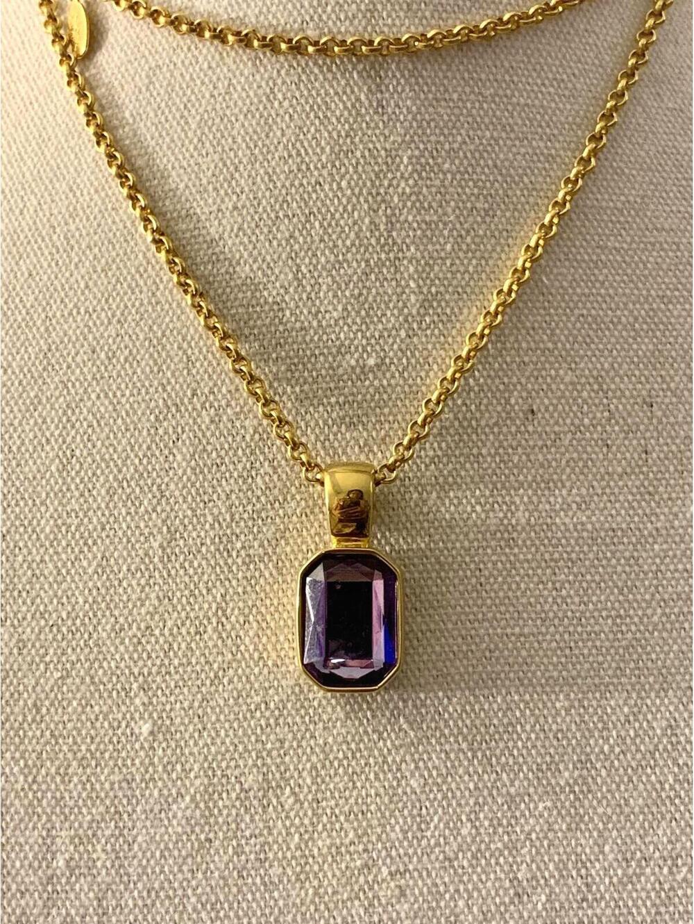 Signed Joan Rivers Purple Amethyst Glass Pendant Gold Tone Rolo Chain Necklace